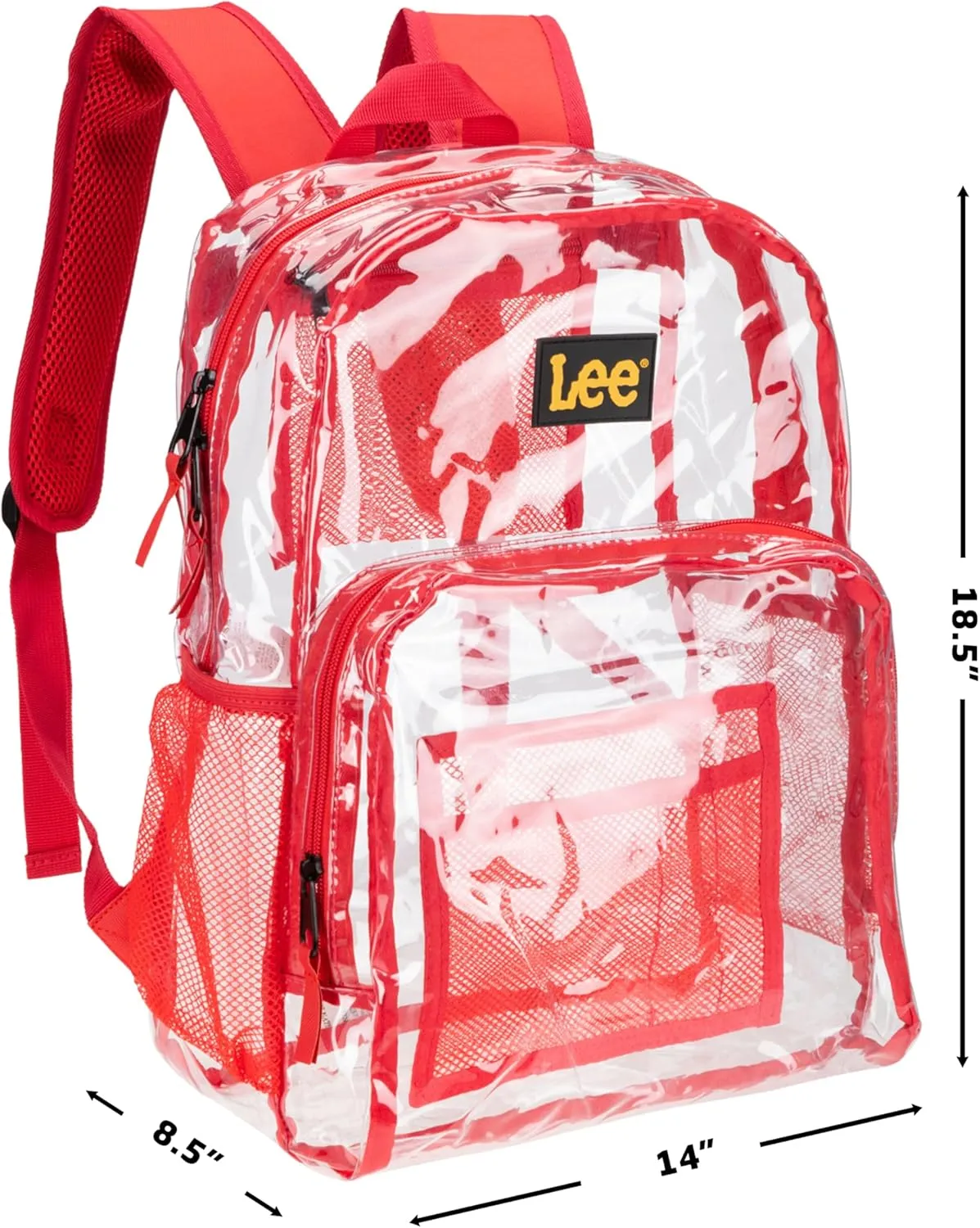 Lee Clear Water Resistant Durable Backpack - Plastic See Thru Bag for Casual Use, Stadiums, Concerts (Clear Red)