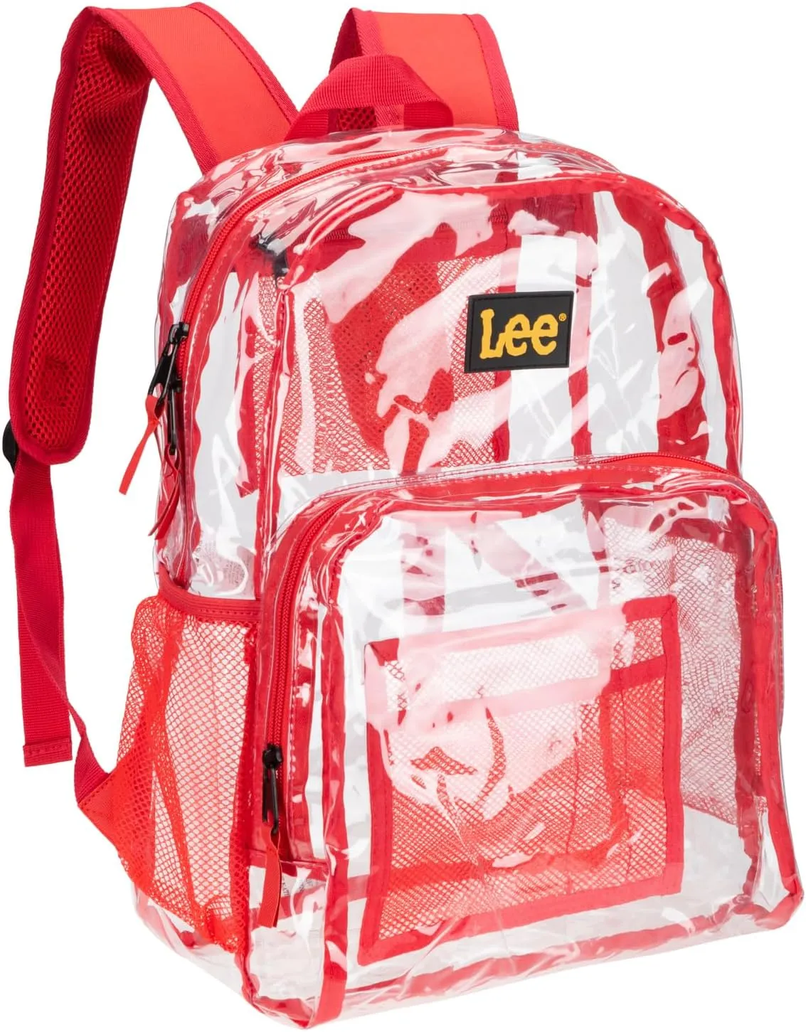 Lee Clear Water Resistant Durable Backpack - Plastic See Thru Bag for Casual Use, Stadiums, Concerts (Clear Red)