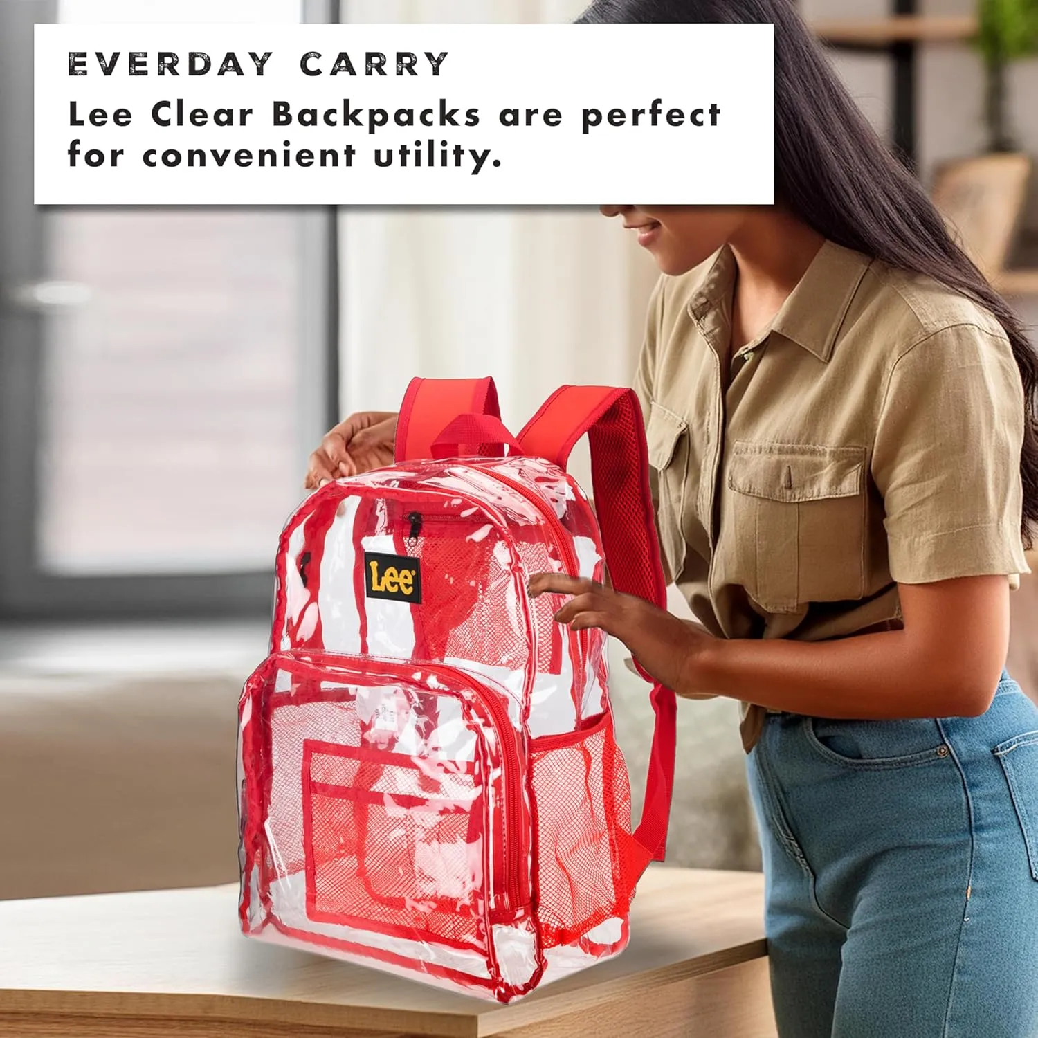 Lee Clear Water Resistant Durable Backpack - Plastic See Thru Bag for Casual Use, Stadiums, Concerts (Clear Red)