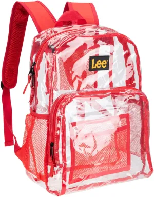 Lee Clear Water Resistant Durable Backpack - Plastic See Thru Bag for Casual Use, Stadiums, Concerts (Clear Red)