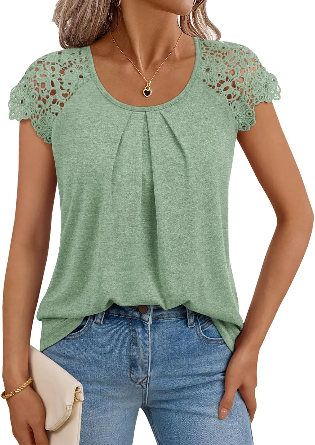 LILLUSORY Lace Short Sleeve Shirts Womens Summer Crew Neck Tops Casual Dressy Tshirt Blouses