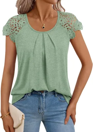 LILLUSORY Lace Short Sleeve Shirts Womens Summer Crew Neck Tops Casual Dressy Tshirt Blouses