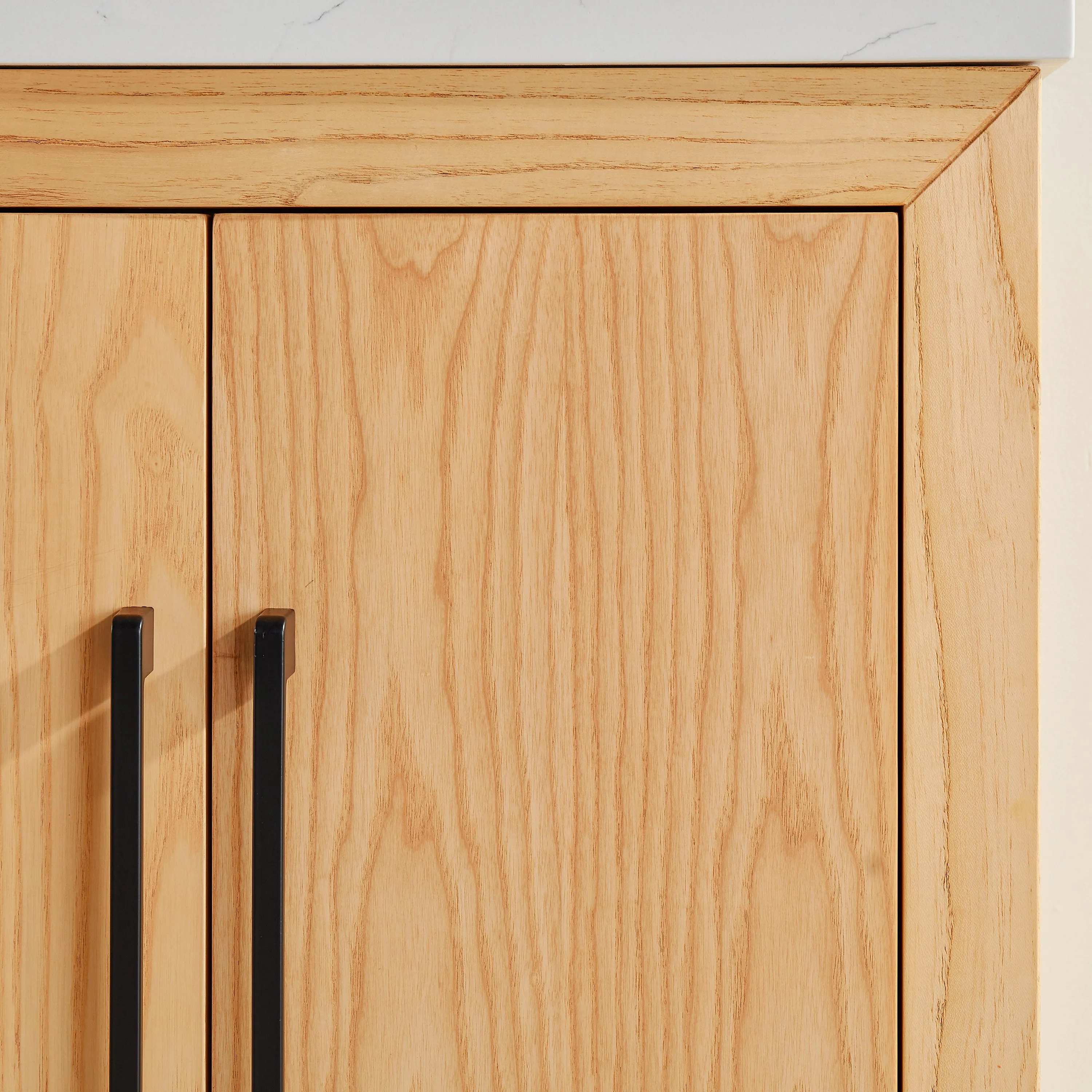 Lily - 42" White Oak , Left Side Drawers , Floor Standing Modern Bathroom Vanity, White Quartz Countertop, Matt Black Hardware