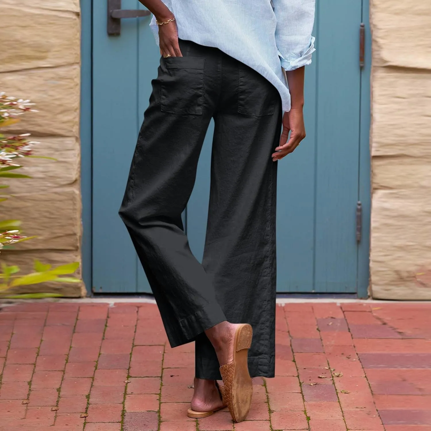 Linen Palazzo Pants for Women Elastic High Waisted Straight Leg Trousers Casual Summer Boho Cropped Pants with Pockets