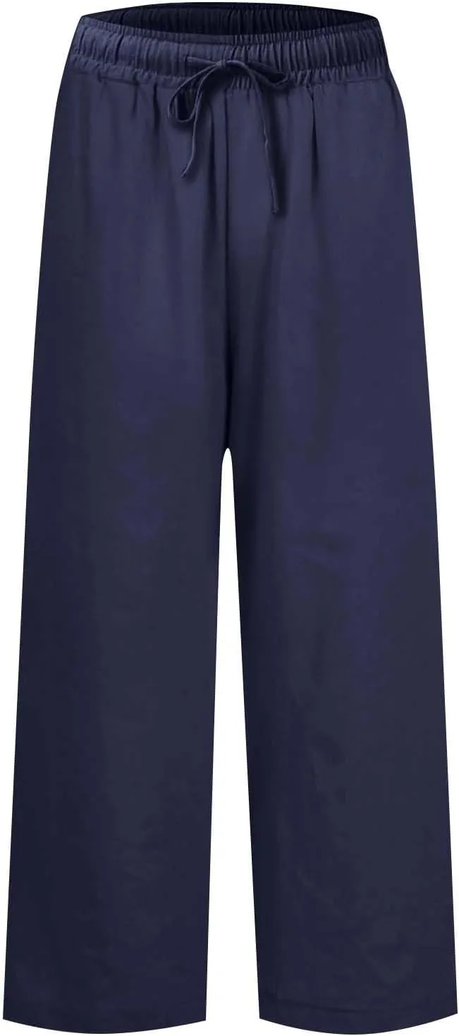 Linen Palazzo Pants for Women Elastic High Waisted Straight Leg Trousers Casual Summer Boho Cropped Pants with Pockets