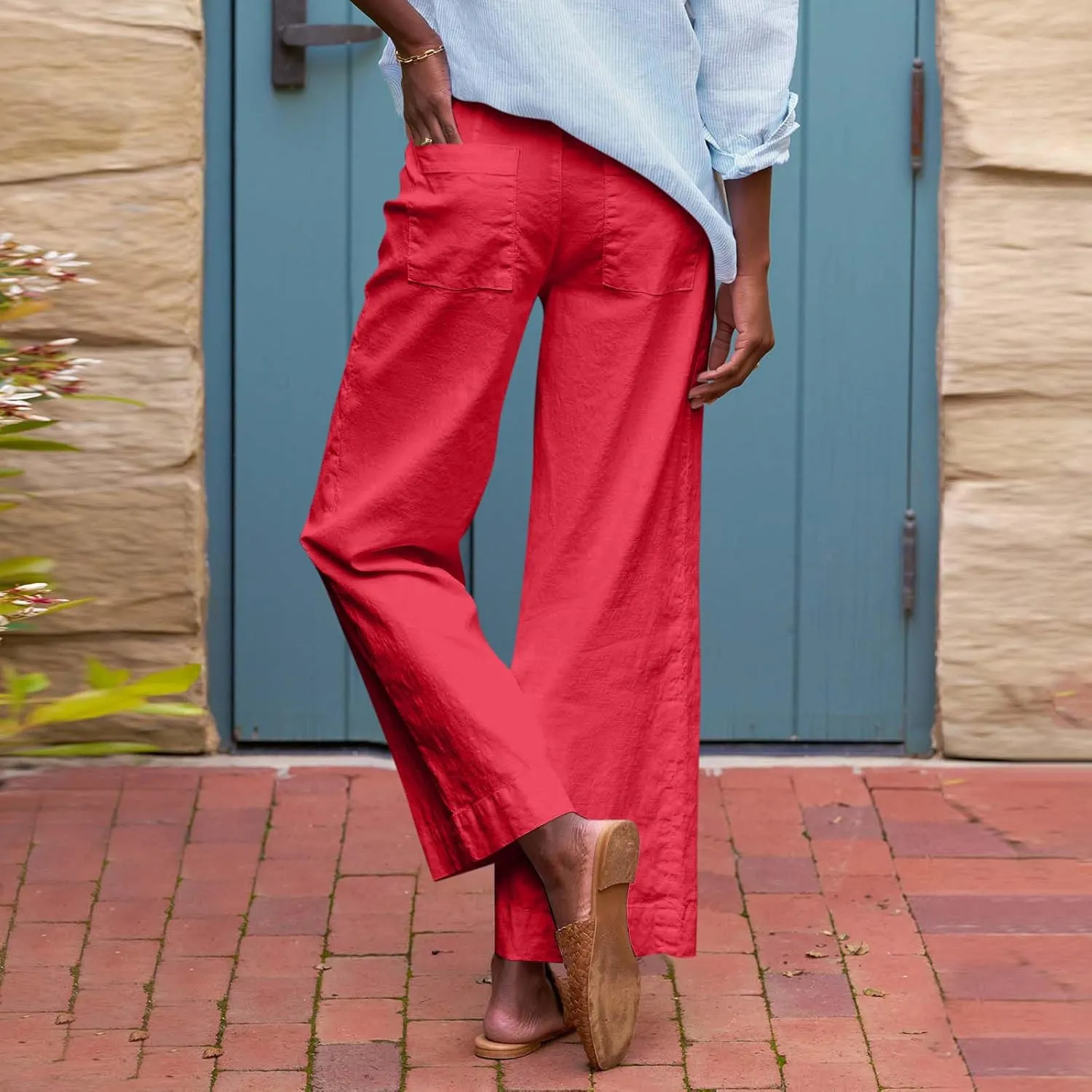 Linen Palazzo Pants for Women Elastic High Waisted Straight Leg Trousers Casual Summer Boho Cropped Pants with Pockets
