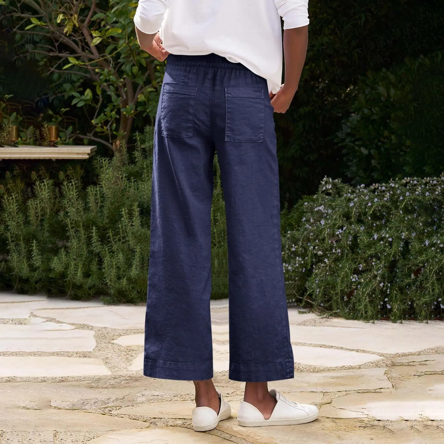 Linen Palazzo Pants for Women Elastic High Waisted Straight Leg Trousers Casual Summer Boho Cropped Pants with Pockets
