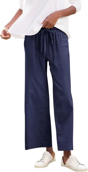 Linen Palazzo Pants for Women Elastic High Waisted Straight Leg Trousers Casual Summer Boho Cropped Pants with Pockets