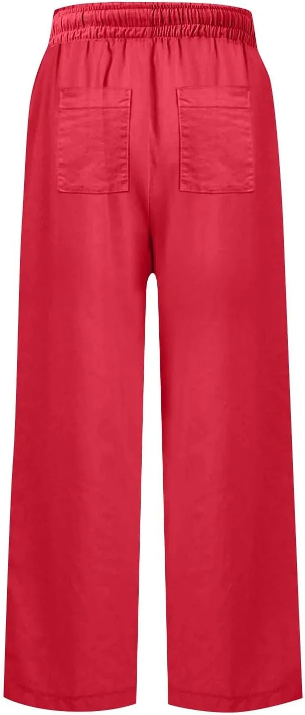 Linen Palazzo Pants for Women Elastic High Waisted Straight Leg Trousers Casual Summer Boho Cropped Pants with Pockets