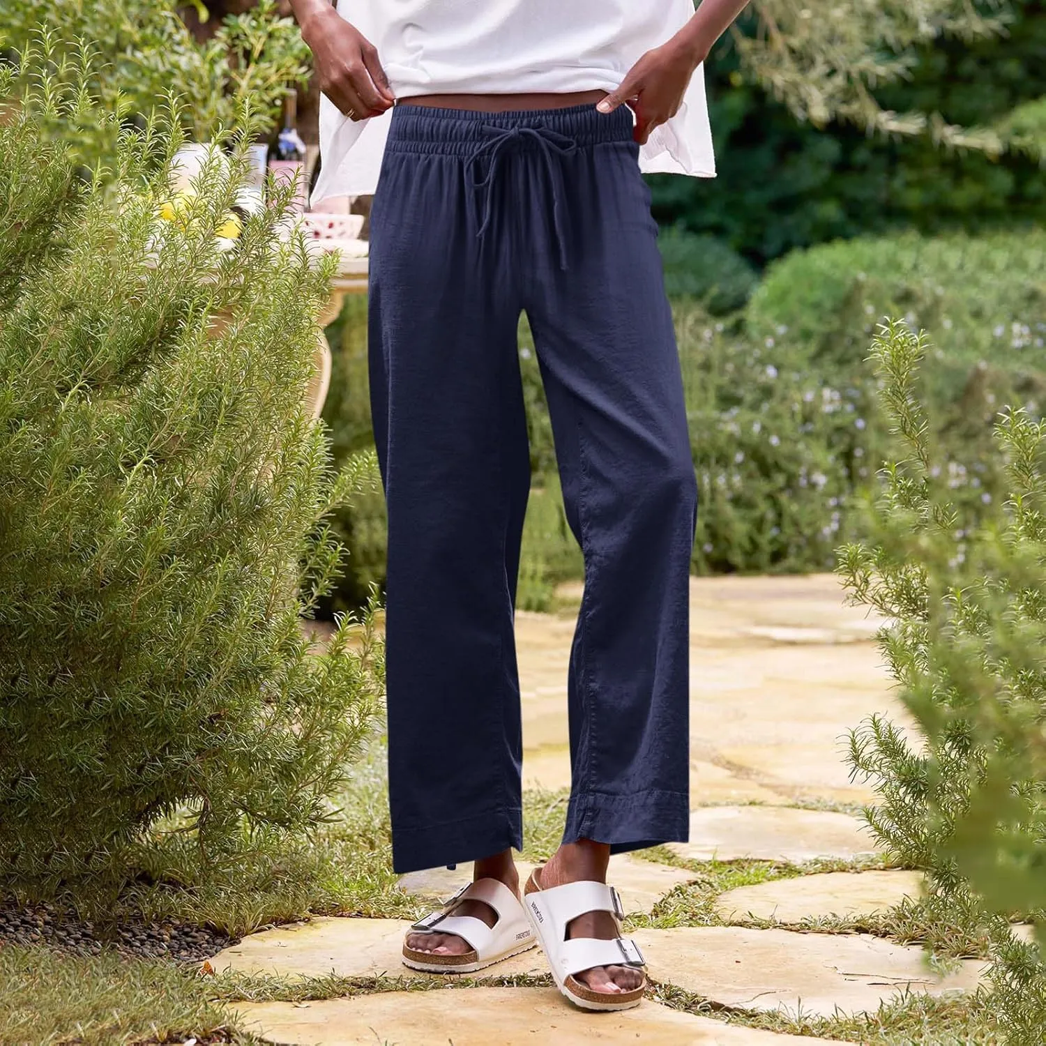 Linen Palazzo Pants for Women Elastic High Waisted Straight Leg Trousers Casual Summer Boho Cropped Pants with Pockets