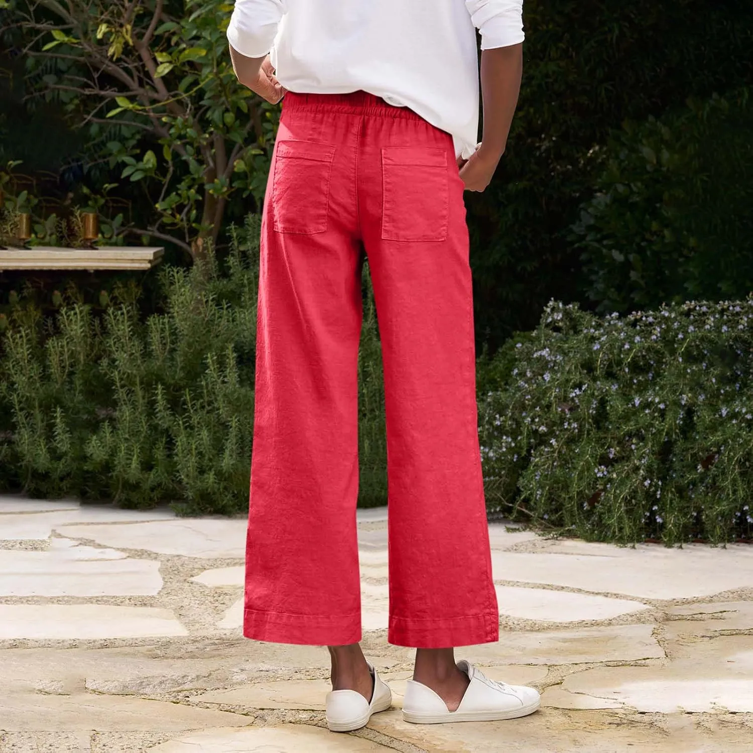 Linen Palazzo Pants for Women Elastic High Waisted Straight Leg Trousers Casual Summer Boho Cropped Pants with Pockets
