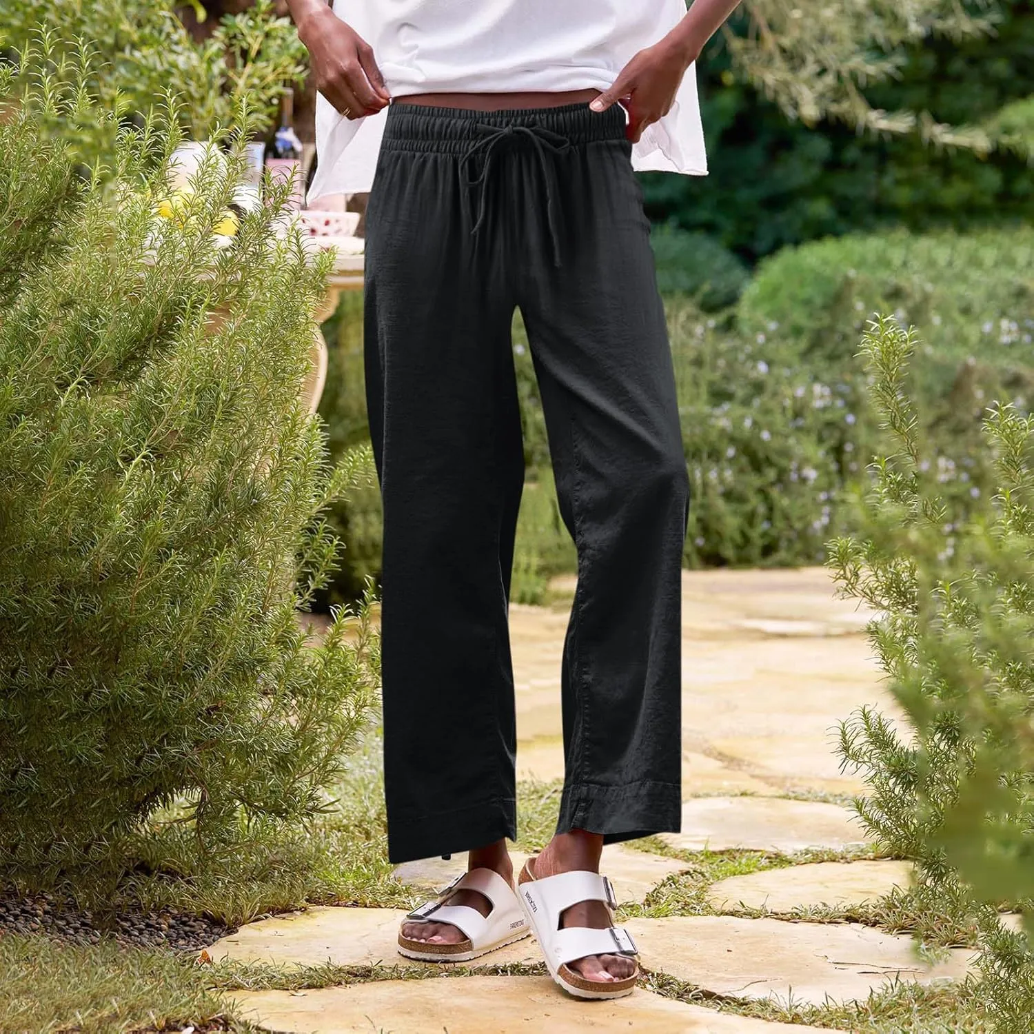 Linen Palazzo Pants for Women Elastic High Waisted Straight Leg Trousers Casual Summer Boho Cropped Pants with Pockets