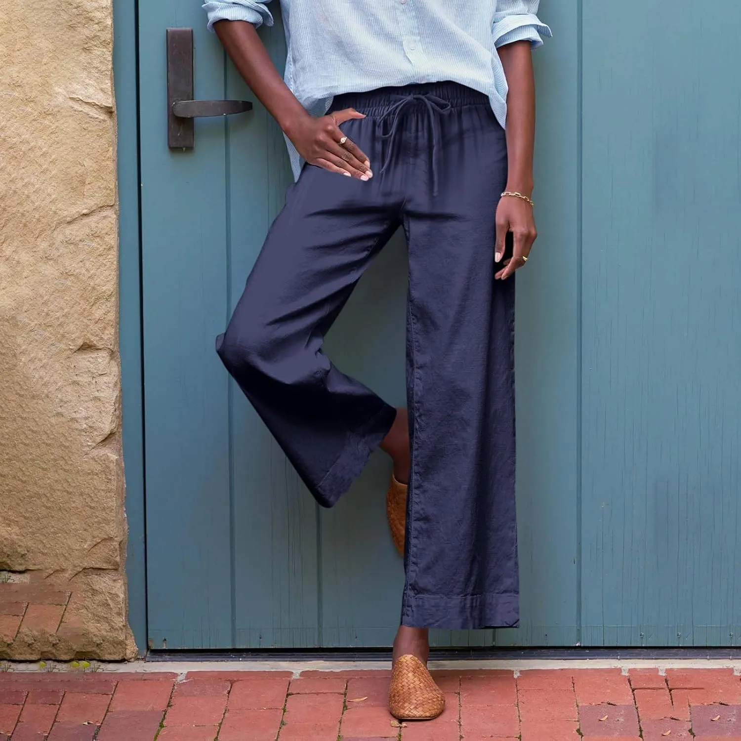 Linen Palazzo Pants for Women Elastic High Waisted Straight Leg Trousers Casual Summer Boho Cropped Pants with Pockets