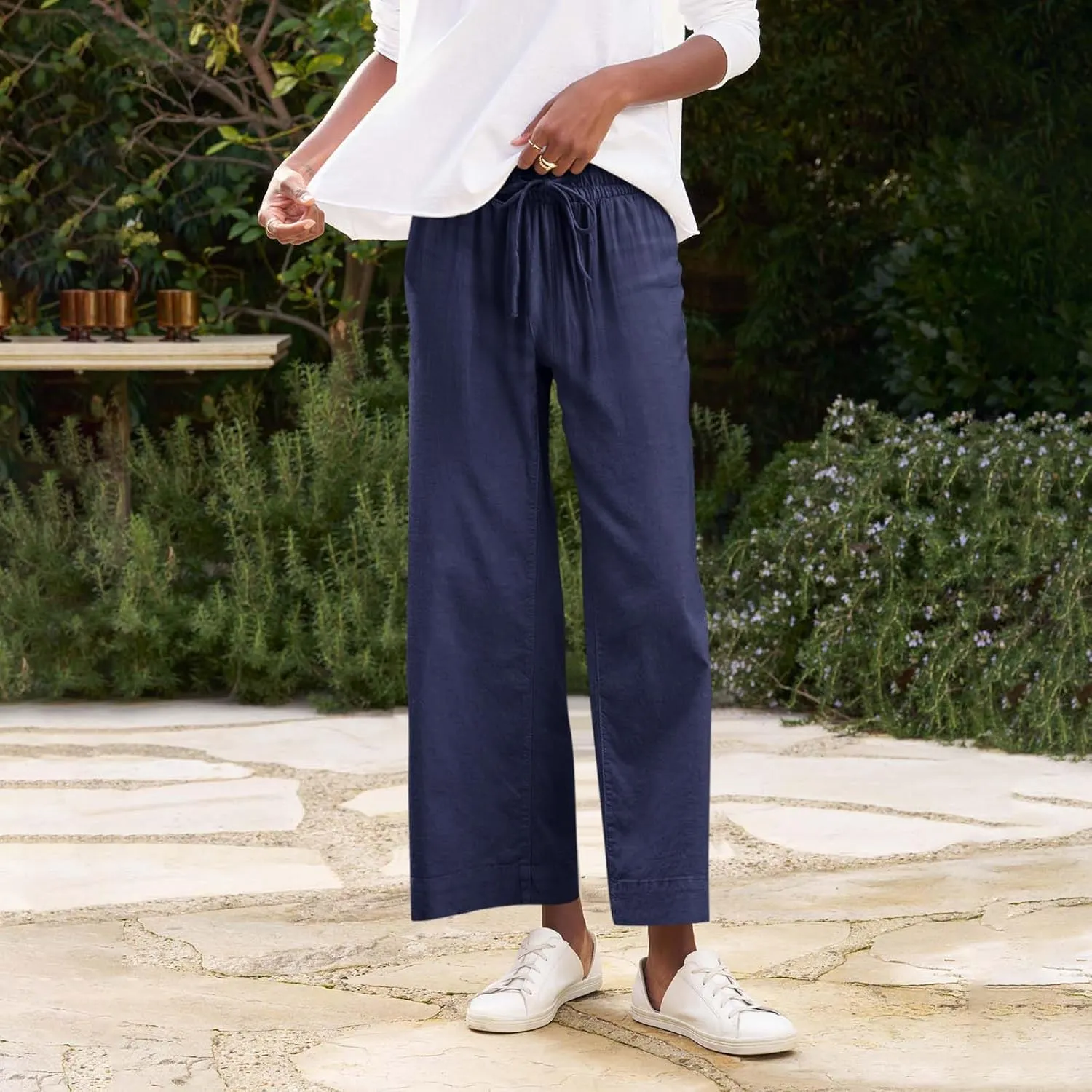 Linen Palazzo Pants for Women Elastic High Waisted Straight Leg Trousers Casual Summer Boho Cropped Pants with Pockets