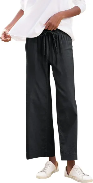 Linen Palazzo Pants for Women Elastic High Waisted Straight Leg Trousers Casual Summer Boho Cropped Pants with Pockets