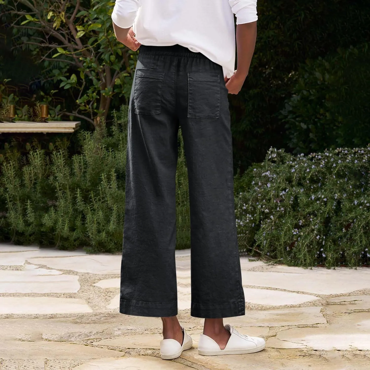Linen Palazzo Pants for Women Elastic High Waisted Straight Leg Trousers Casual Summer Boho Cropped Pants with Pockets