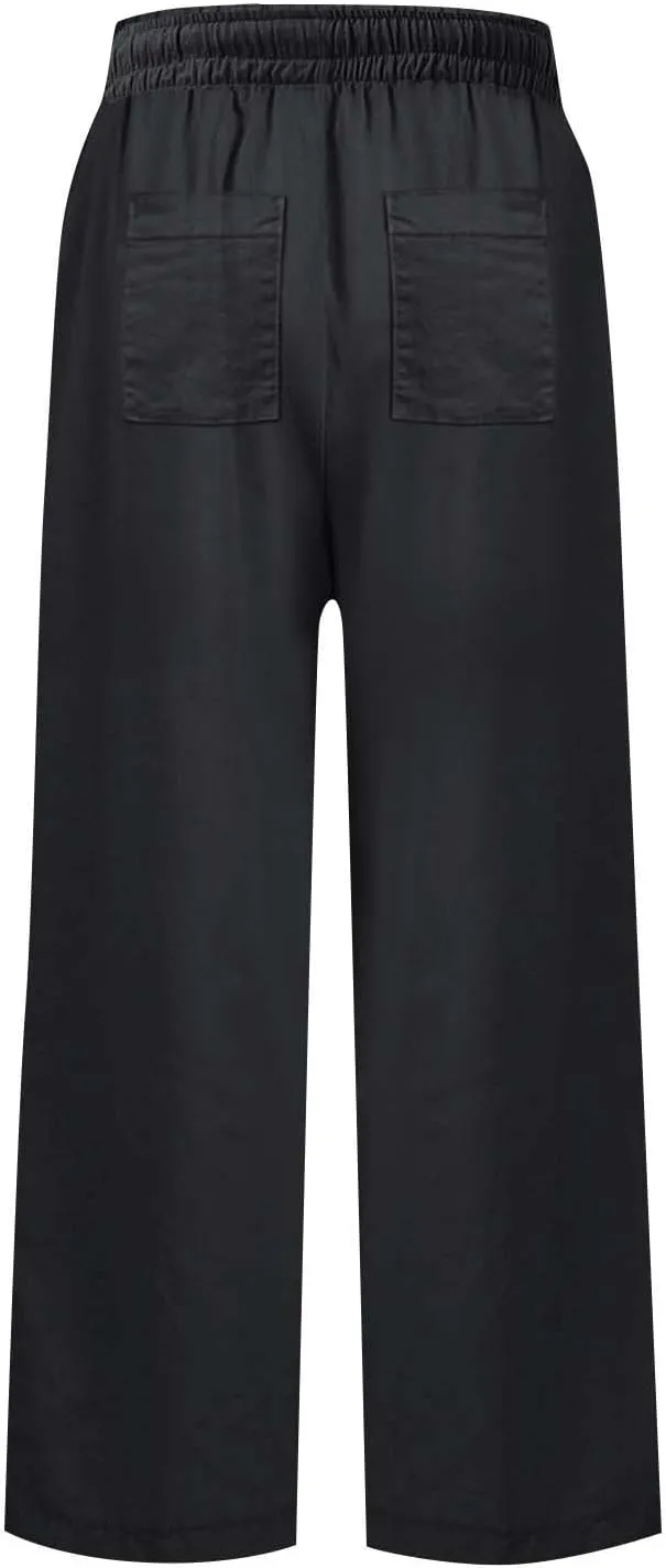 Linen Palazzo Pants for Women Elastic High Waisted Straight Leg Trousers Casual Summer Boho Cropped Pants with Pockets