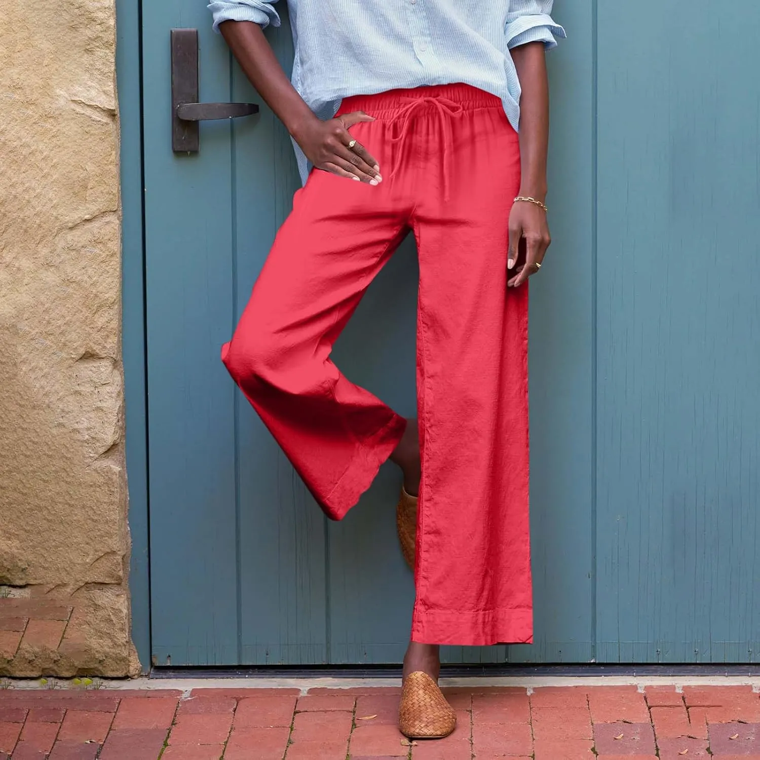 Linen Palazzo Pants for Women Elastic High Waisted Straight Leg Trousers Casual Summer Boho Cropped Pants with Pockets