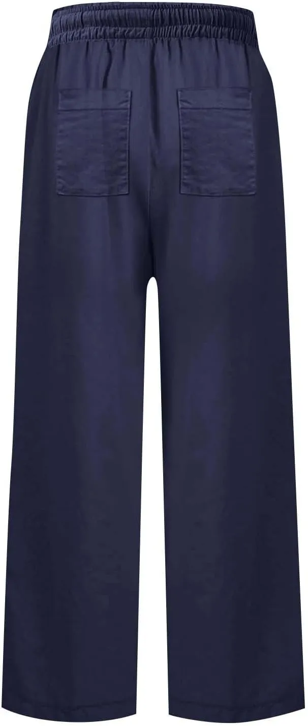 Linen Palazzo Pants for Women Elastic High Waisted Straight Leg Trousers Casual Summer Boho Cropped Pants with Pockets