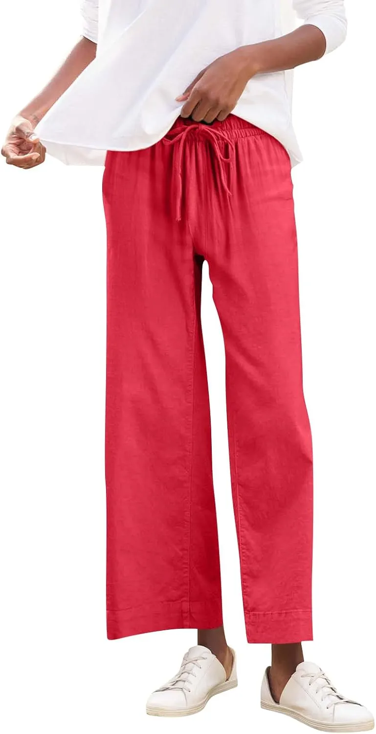 Linen Palazzo Pants for Women Elastic High Waisted Straight Leg Trousers Casual Summer Boho Cropped Pants with Pockets