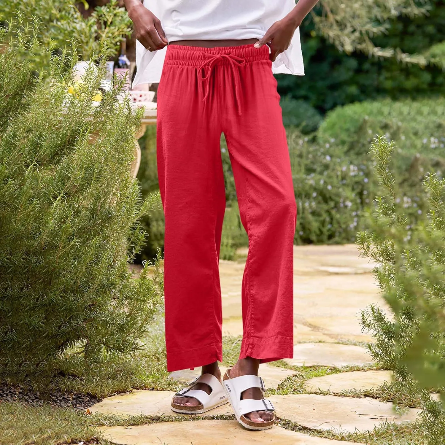Linen Palazzo Pants for Women Elastic High Waisted Straight Leg Trousers Casual Summer Boho Cropped Pants with Pockets
