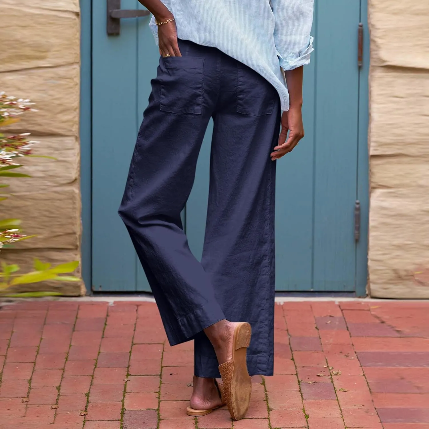 Linen Palazzo Pants for Women Elastic High Waisted Straight Leg Trousers Casual Summer Boho Cropped Pants with Pockets
