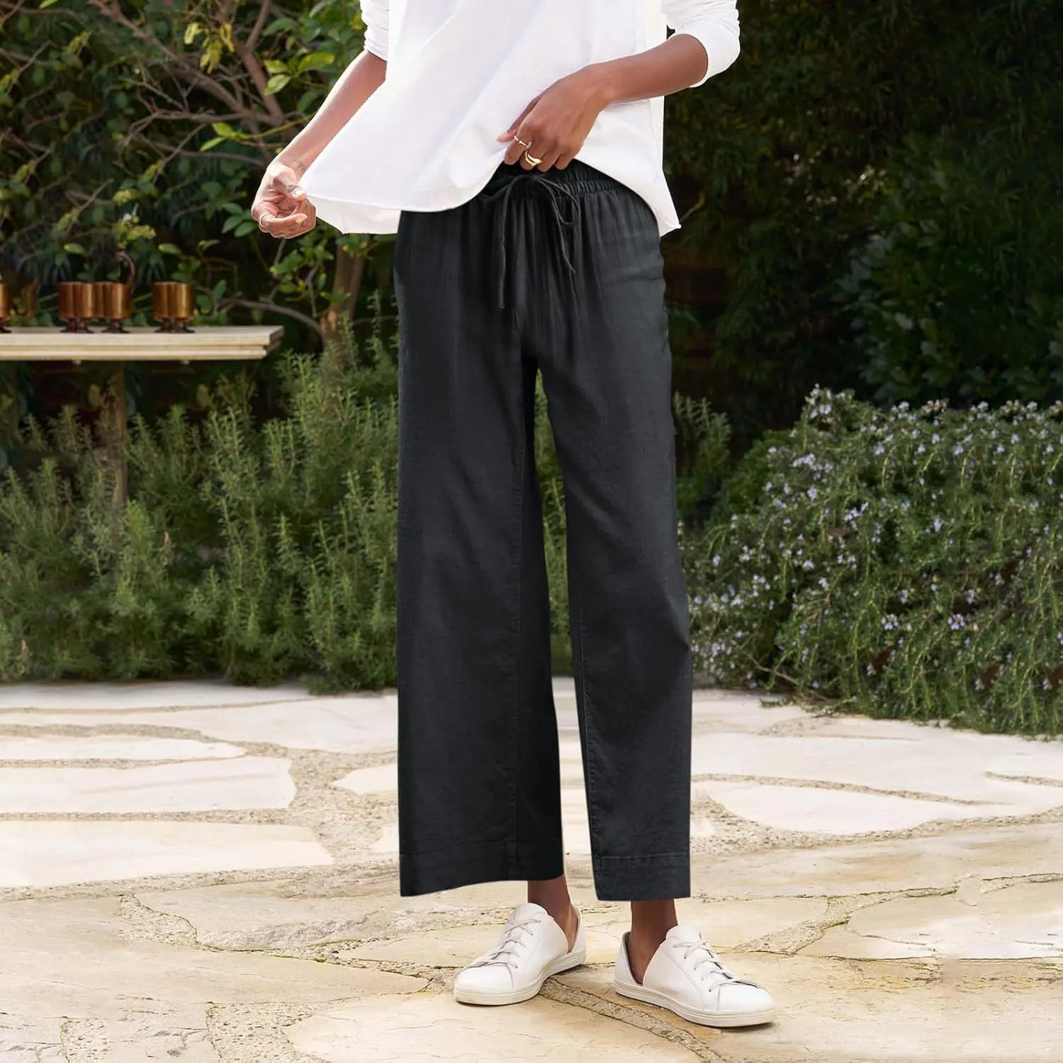 Linen Palazzo Pants for Women Elastic High Waisted Straight Leg Trousers Casual Summer Boho Cropped Pants with Pockets
