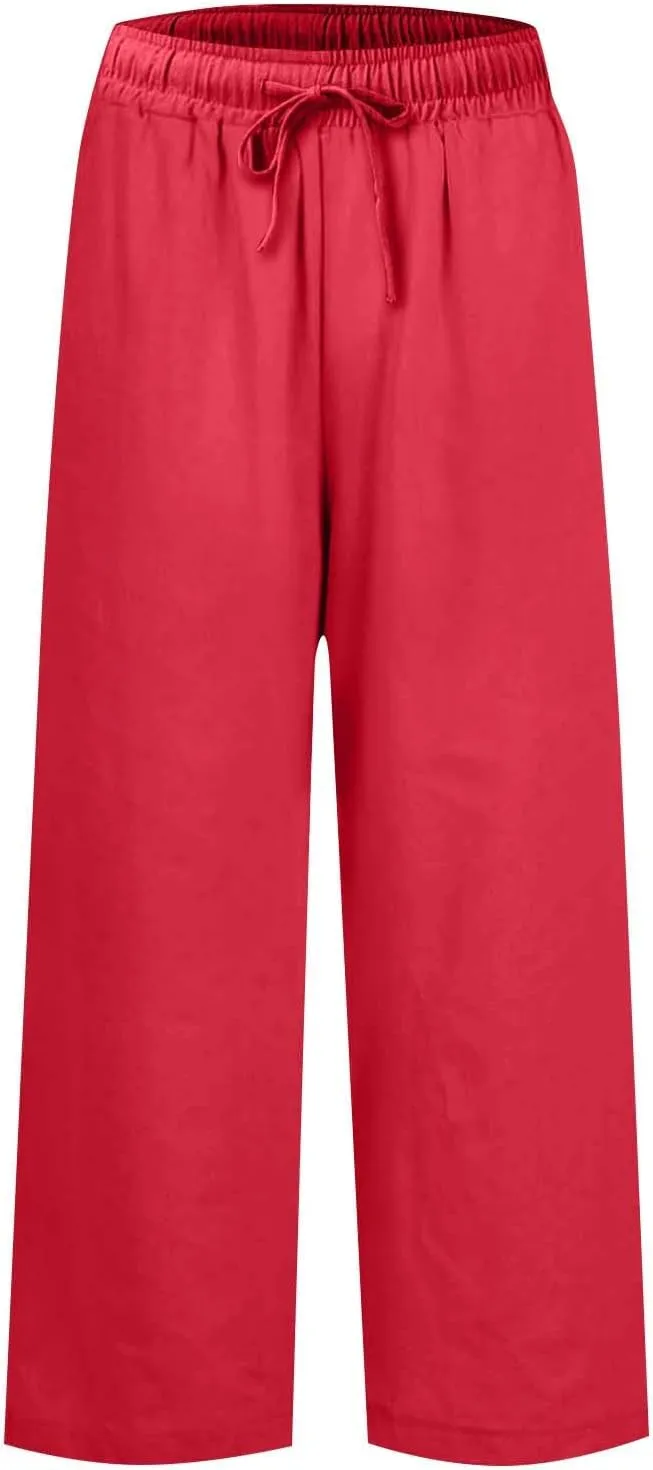 Linen Palazzo Pants for Women Elastic High Waisted Straight Leg Trousers Casual Summer Boho Cropped Pants with Pockets