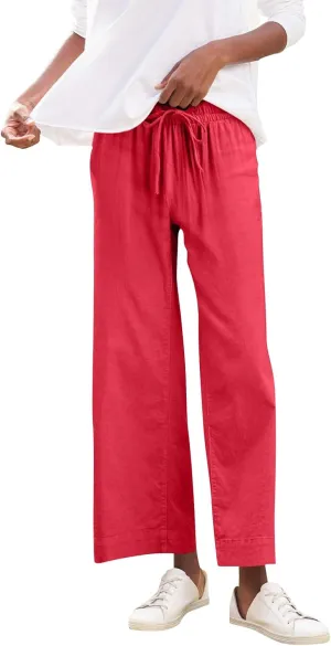 Linen Palazzo Pants for Women Elastic High Waisted Straight Leg Trousers Casual Summer Boho Cropped Pants with Pockets