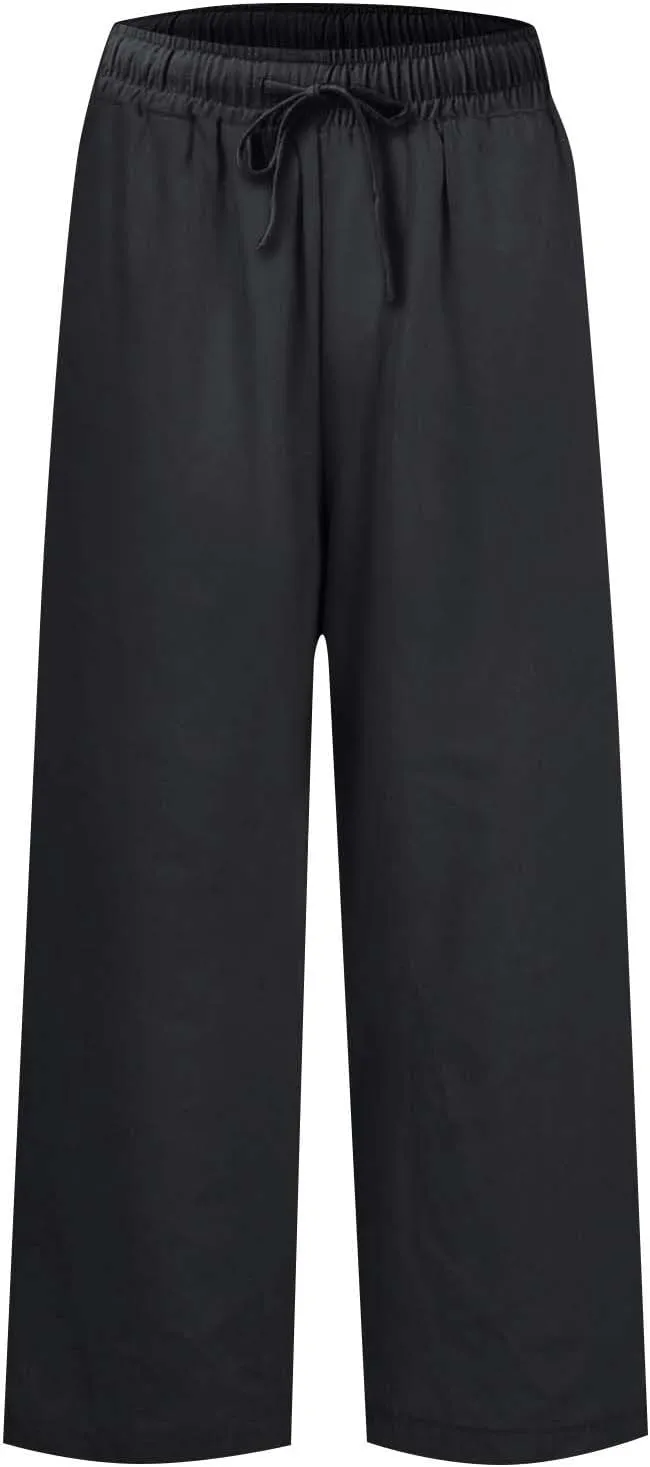 Linen Palazzo Pants for Women Elastic High Waisted Straight Leg Trousers Casual Summer Boho Cropped Pants with Pockets
