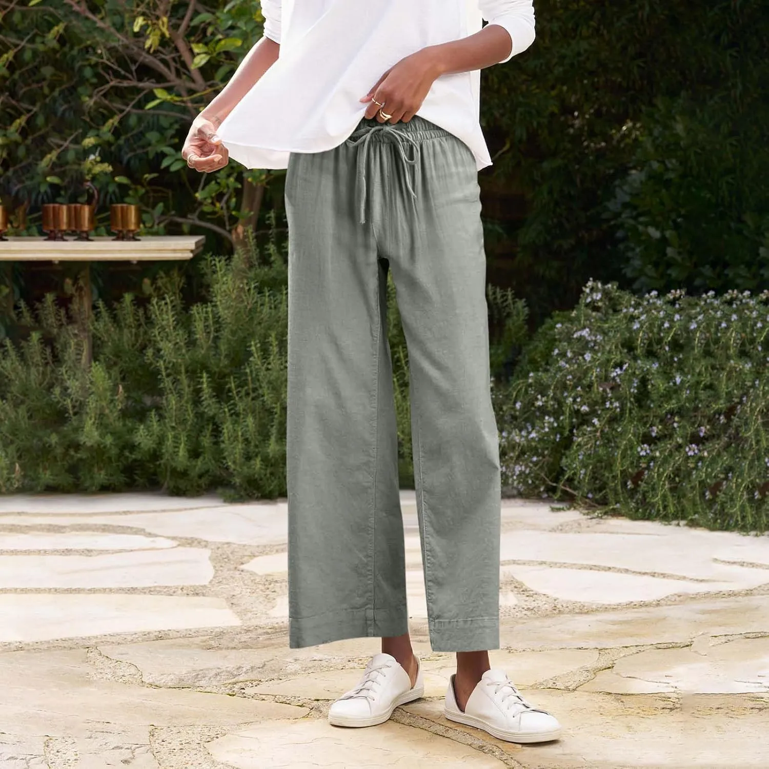 Linen Pants for Women Elastic High Waisted Straight Leg Trousers Casual Summer Wide Leg Cropped Pants with Pockets