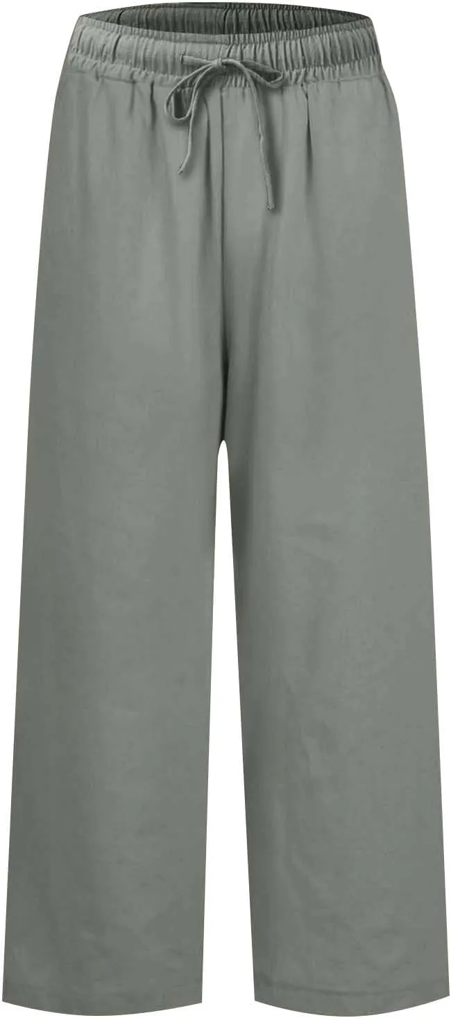 Linen Pants for Women Elastic High Waisted Straight Leg Trousers Casual Summer Wide Leg Cropped Pants with Pockets
