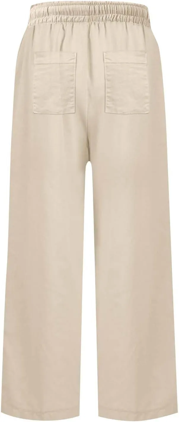 Linen Pants for Women Elastic High Waisted Straight Leg Trousers Casual Summer Wide Leg Cropped Pants with Pockets