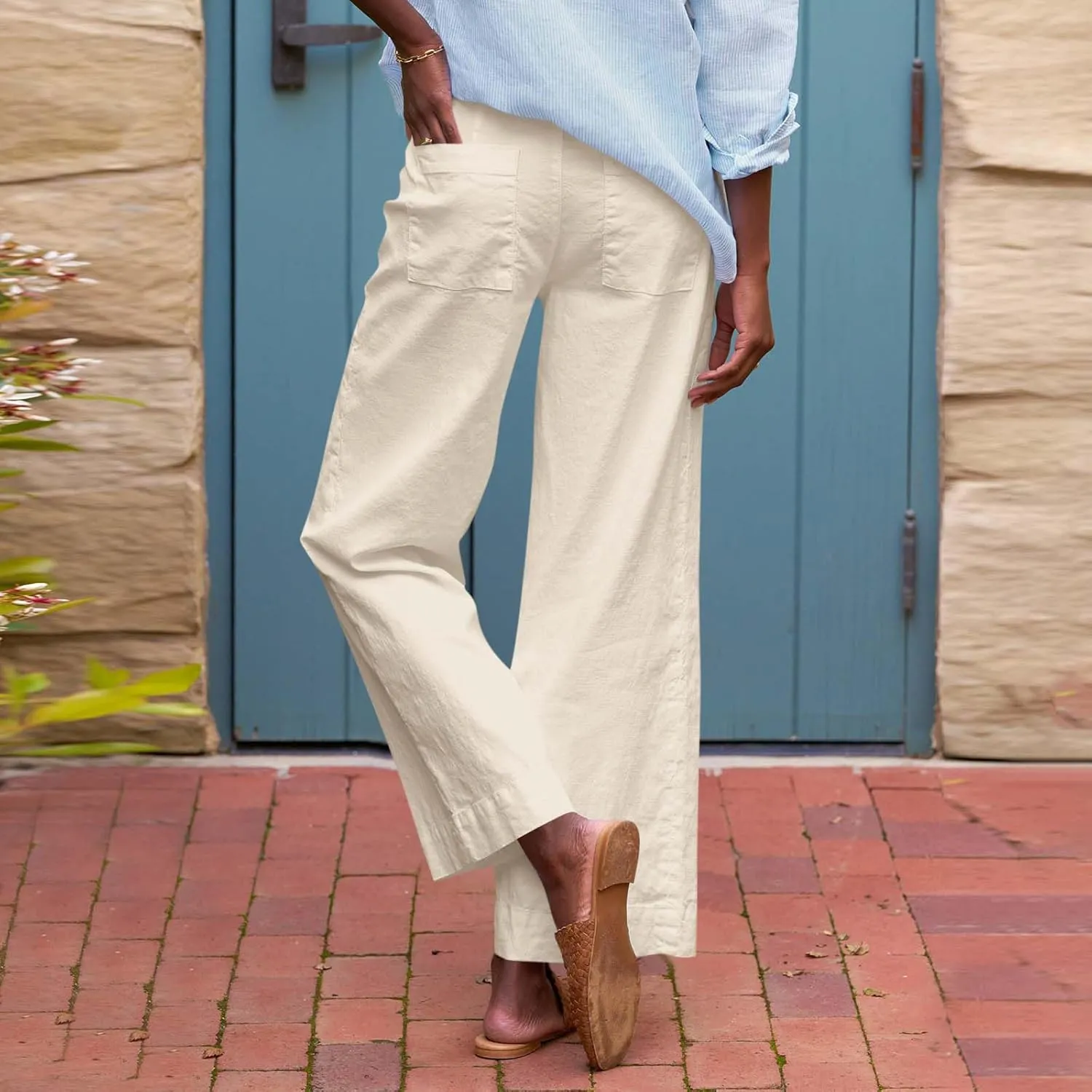 Linen Pants for Women Elastic High Waisted Straight Leg Trousers Casual Summer Wide Leg Cropped Pants with Pockets
