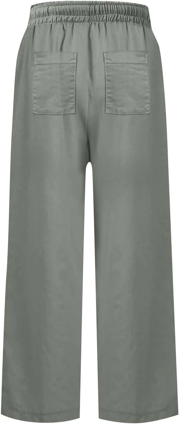 Linen Pants for Women Elastic High Waisted Straight Leg Trousers Casual Summer Wide Leg Cropped Pants with Pockets