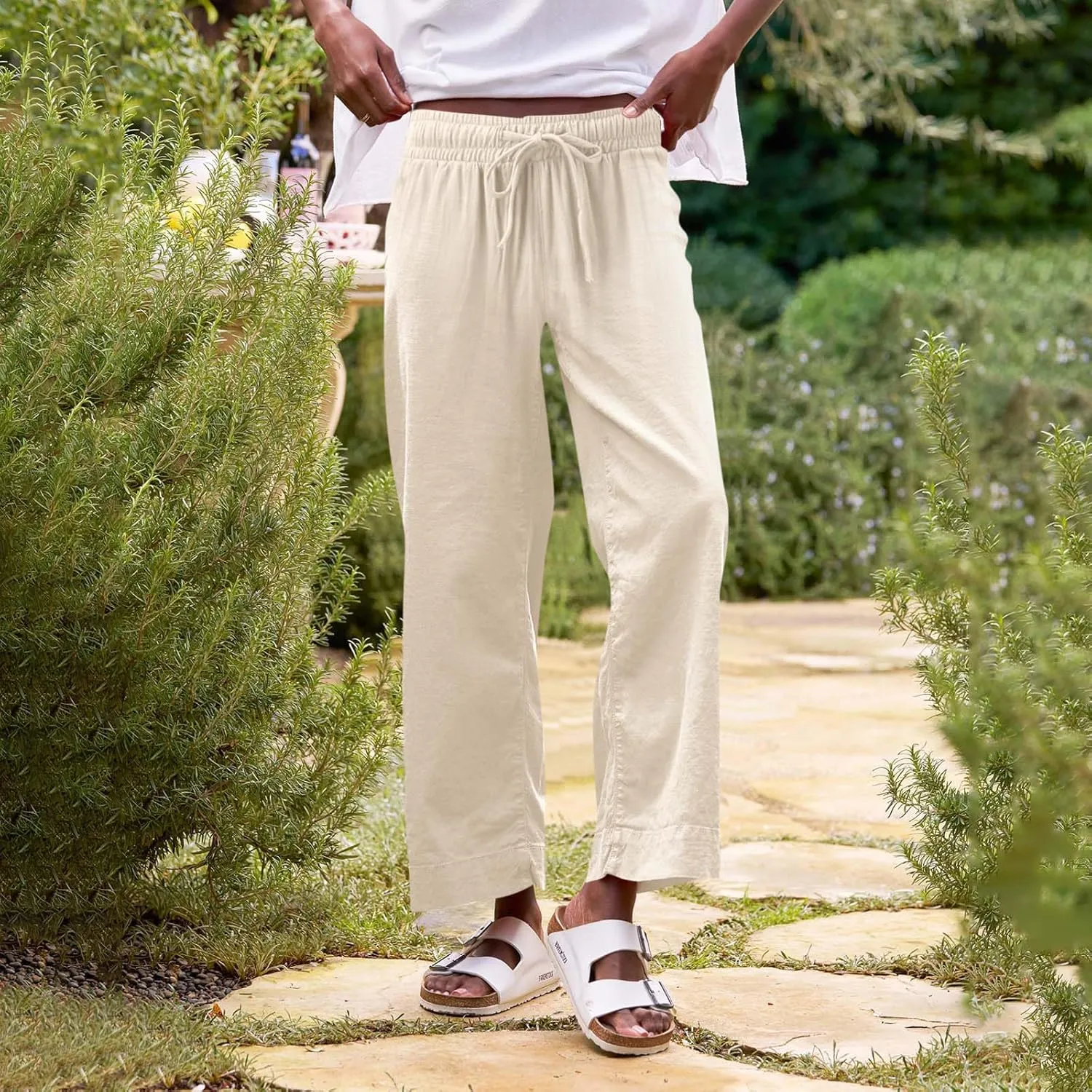 Linen Pants for Women Elastic High Waisted Straight Leg Trousers Casual Summer Wide Leg Cropped Pants with Pockets