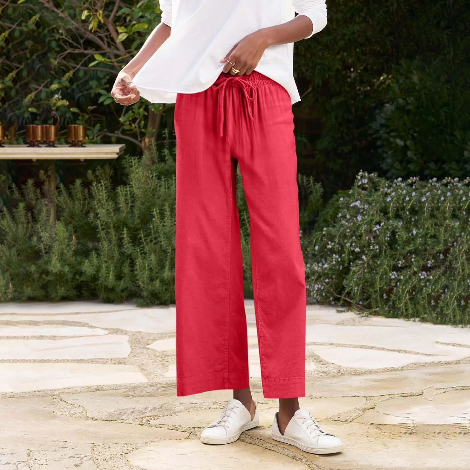 Linen Pants for Women Elastic High Waisted Straight Leg Trousers Casual Summer Wide Leg Cropped Pants with Pockets