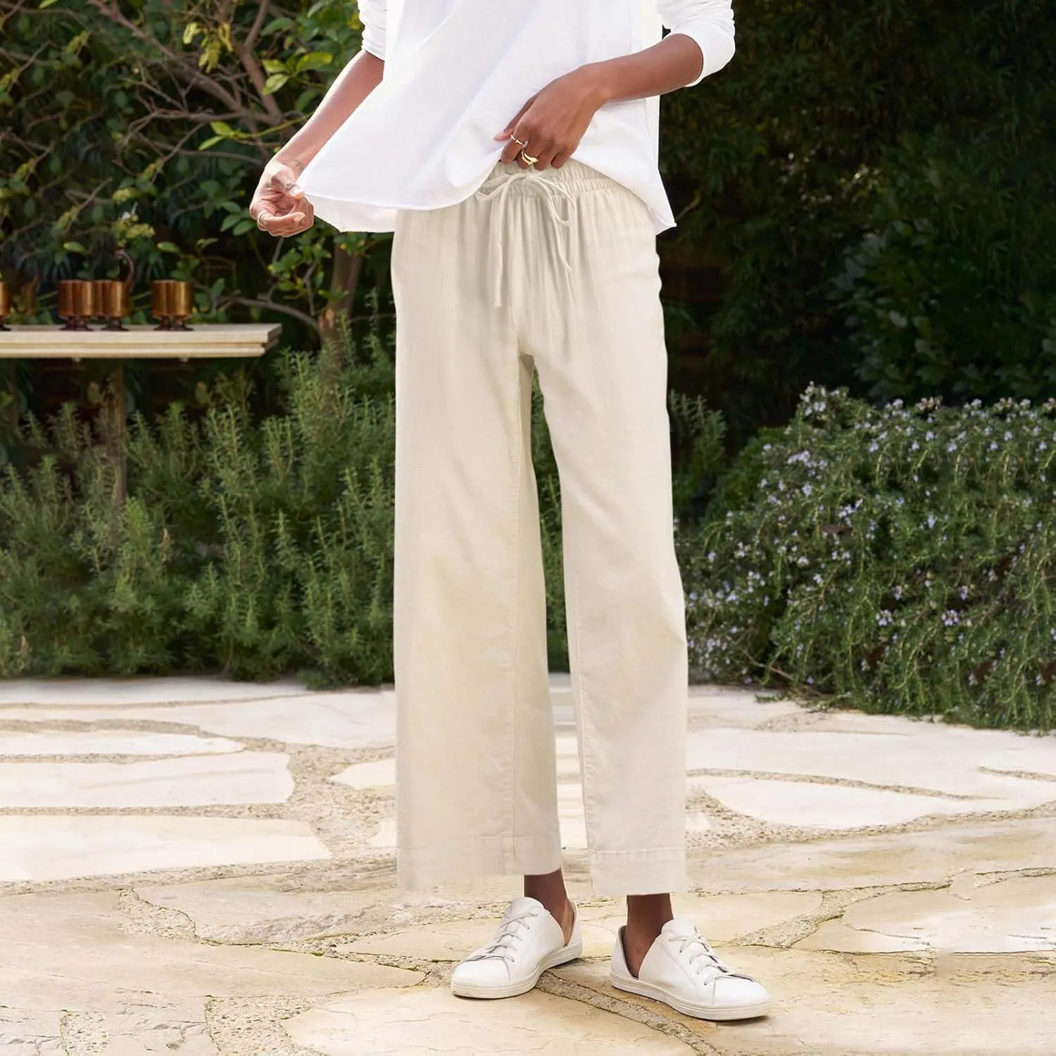 Linen Pants for Women Elastic High Waisted Straight Leg Trousers Casual Summer Wide Leg Cropped Pants with Pockets