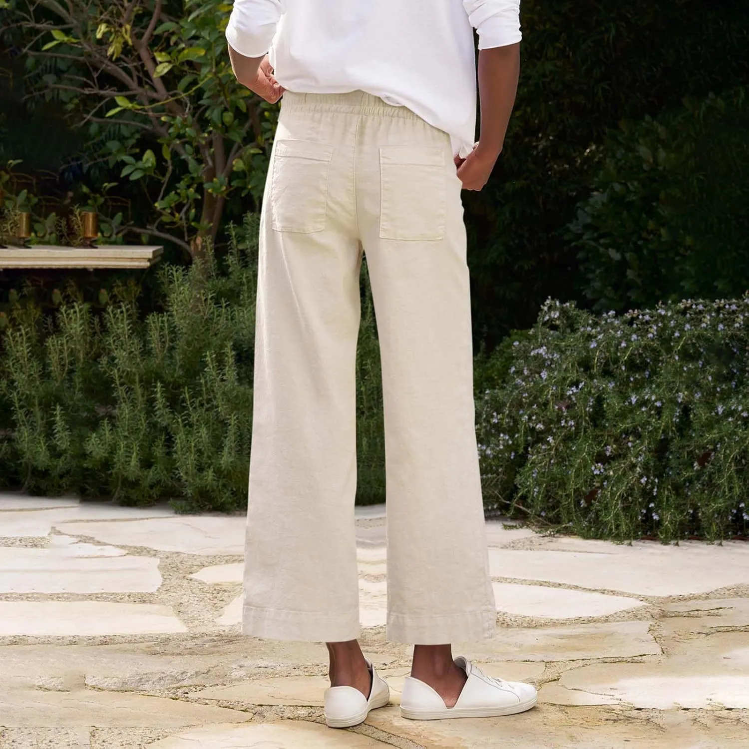 Linen Pants for Women Elastic High Waisted Straight Leg Trousers Casual Summer Wide Leg Cropped Pants with Pockets