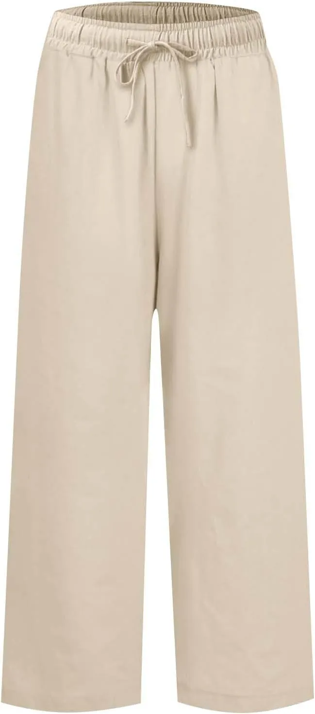 Linen Pants for Women Elastic High Waisted Straight Leg Trousers Casual Summer Wide Leg Cropped Pants with Pockets