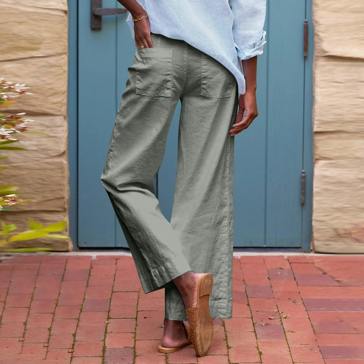 Linen Pants for Women Elastic High Waisted Straight Leg Trousers Casual Summer Wide Leg Cropped Pants with Pockets