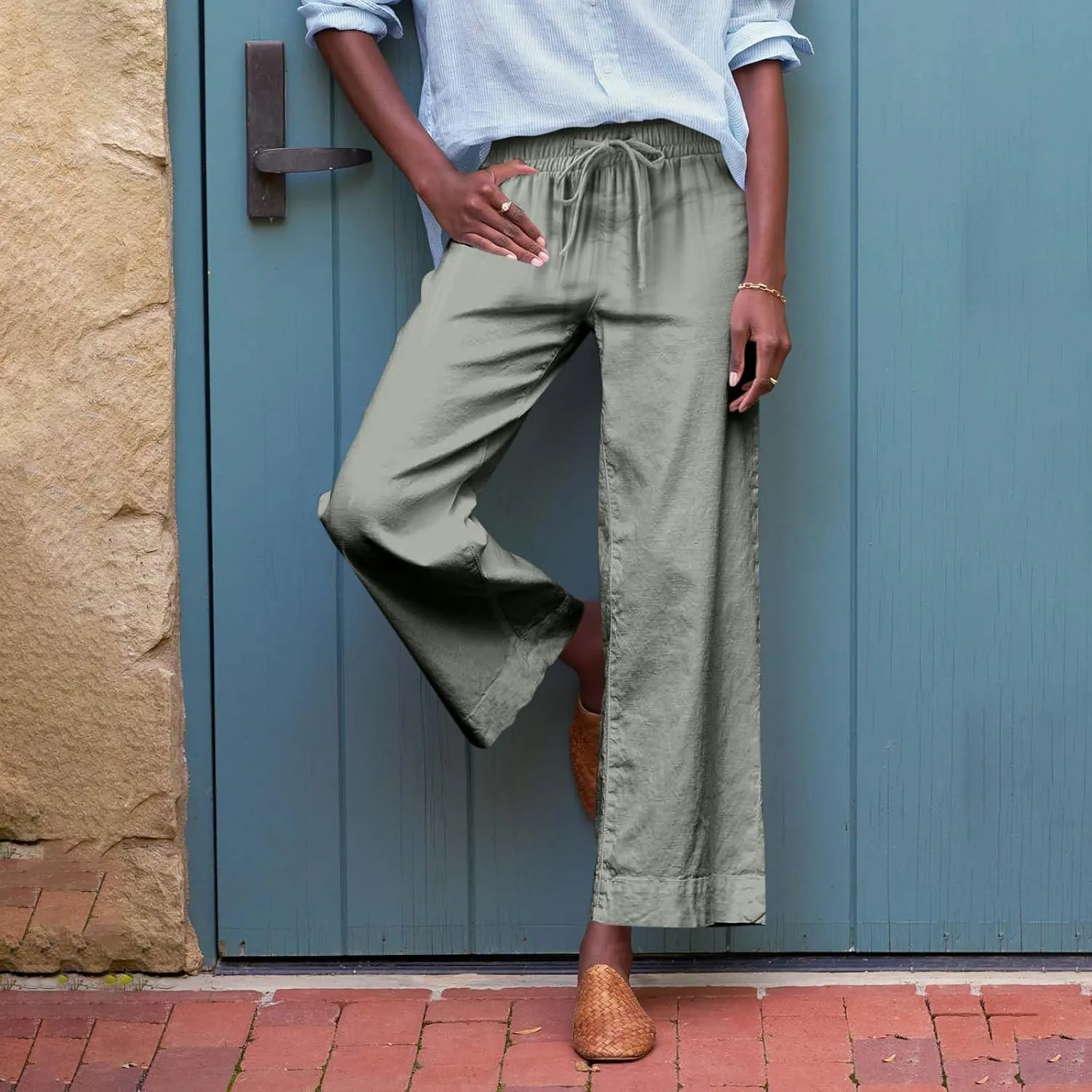 Linen Pants for Women Elastic High Waisted Straight Leg Trousers Casual Summer Wide Leg Cropped Pants with Pockets
