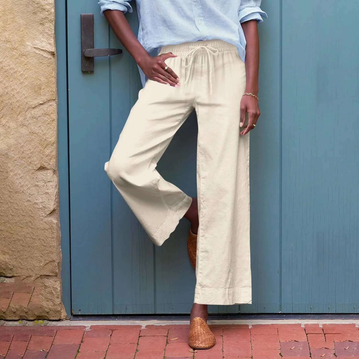 Linen Pants for Women Elastic High Waisted Straight Leg Trousers Casual Summer Wide Leg Cropped Pants with Pockets