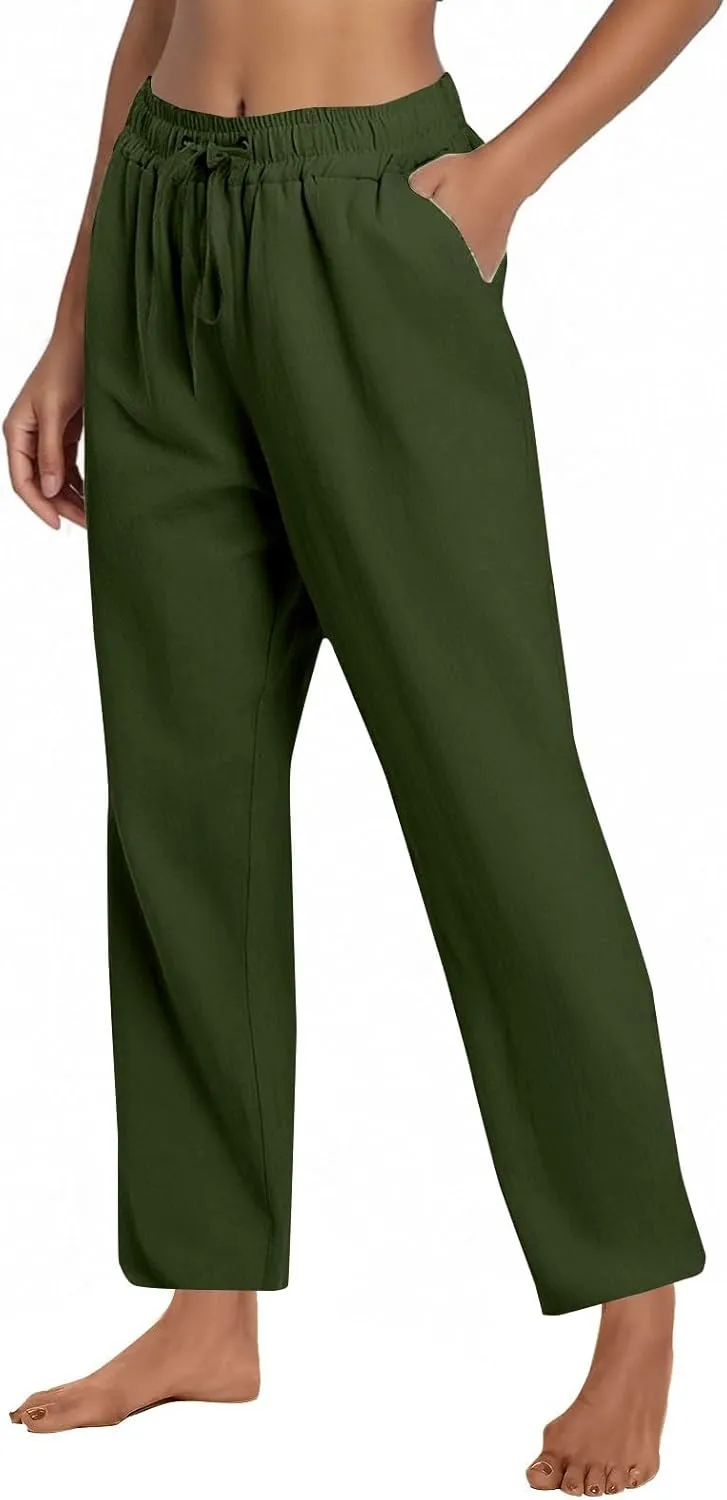 Linen Wide Leg Pants for Women Casual Summer Elastic Waisted Straight Leg Trousers Beach Cropped Pants with Pockets