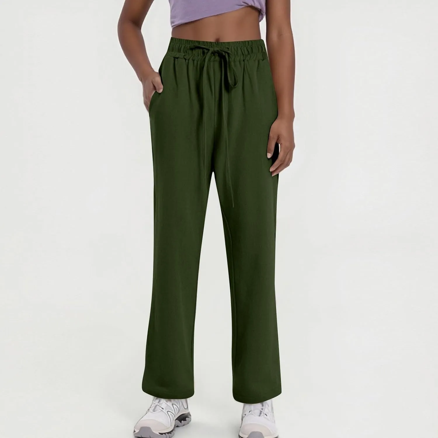 Linen Wide Leg Pants for Women Casual Summer Elastic Waisted Straight Leg Trousers Beach Cropped Pants with Pockets