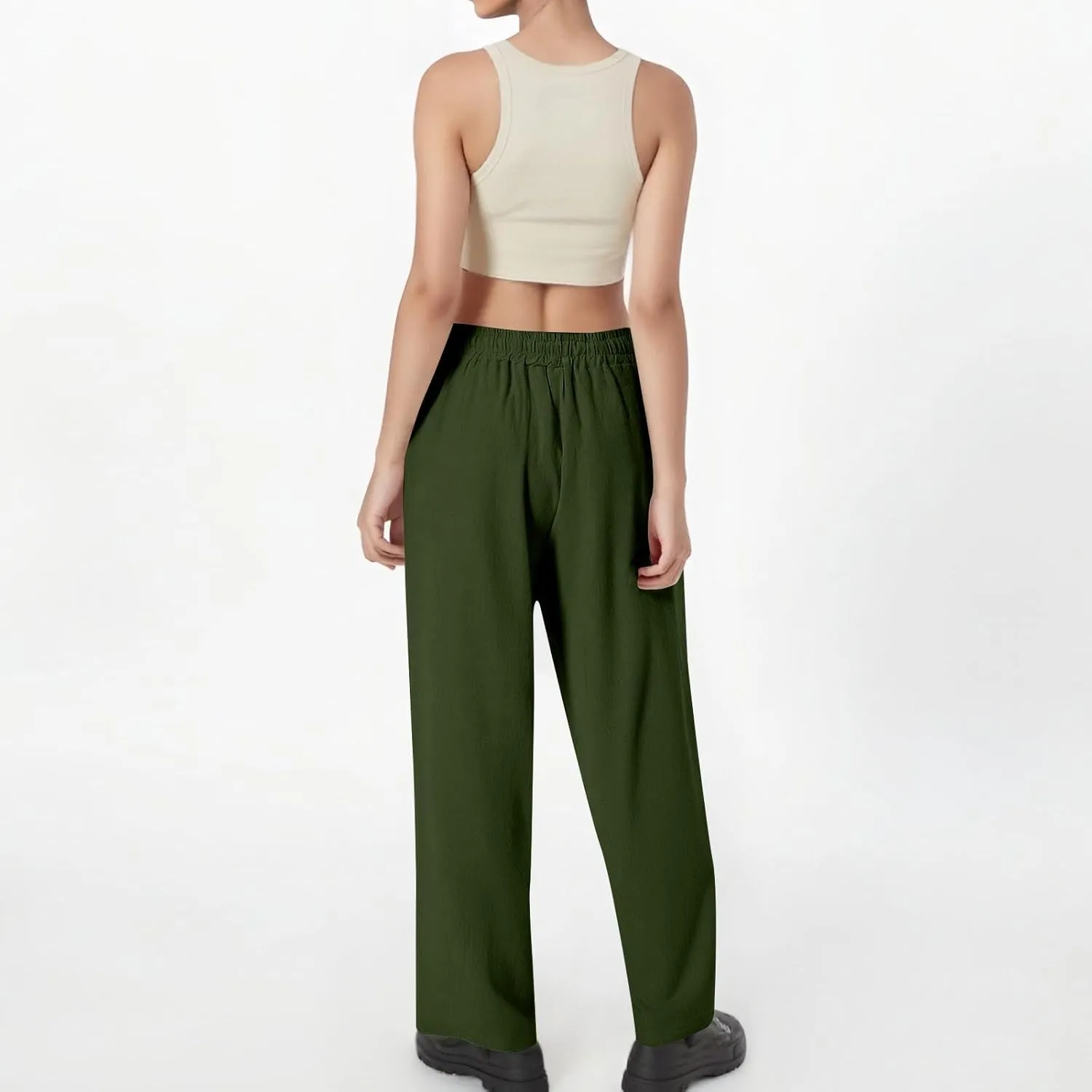 Linen Wide Leg Pants for Women Casual Summer Elastic Waisted Straight Leg Trousers Beach Cropped Pants with Pockets