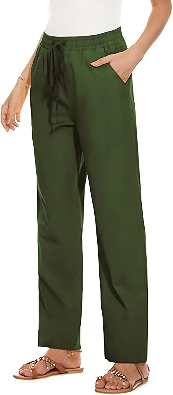 Linen Wide Leg Pants for Women Casual Summer Elastic Waisted Straight Leg Trousers Beach Cropped Pants with Pockets