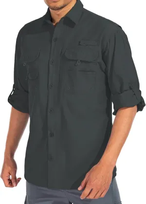 linlon Mens Safari Shirts Long Sleeve UV Protection Hiking Fishing UPF 50  Quick Dry Cooling Camping Travel Shirts