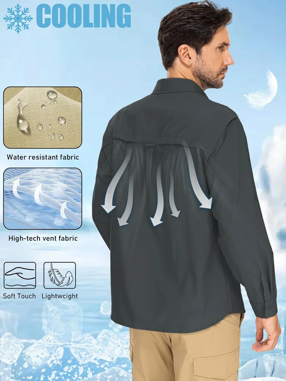 linlon Mens Safari Shirts Long Sleeve UV Protection Hiking Fishing UPF 50  Quick Dry Cooling Camping Travel Shirts