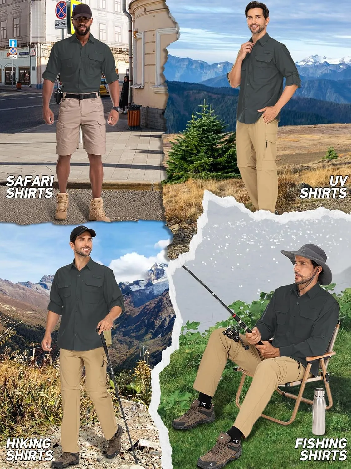 linlon Mens Safari Shirts Long Sleeve UV Protection Hiking Fishing UPF 50  Quick Dry Cooling Camping Travel Shirts